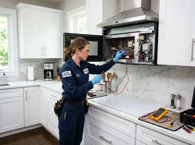 Appliance Repair Hero technician testing an over-the-range microwave in a Advance, NC kitchen
